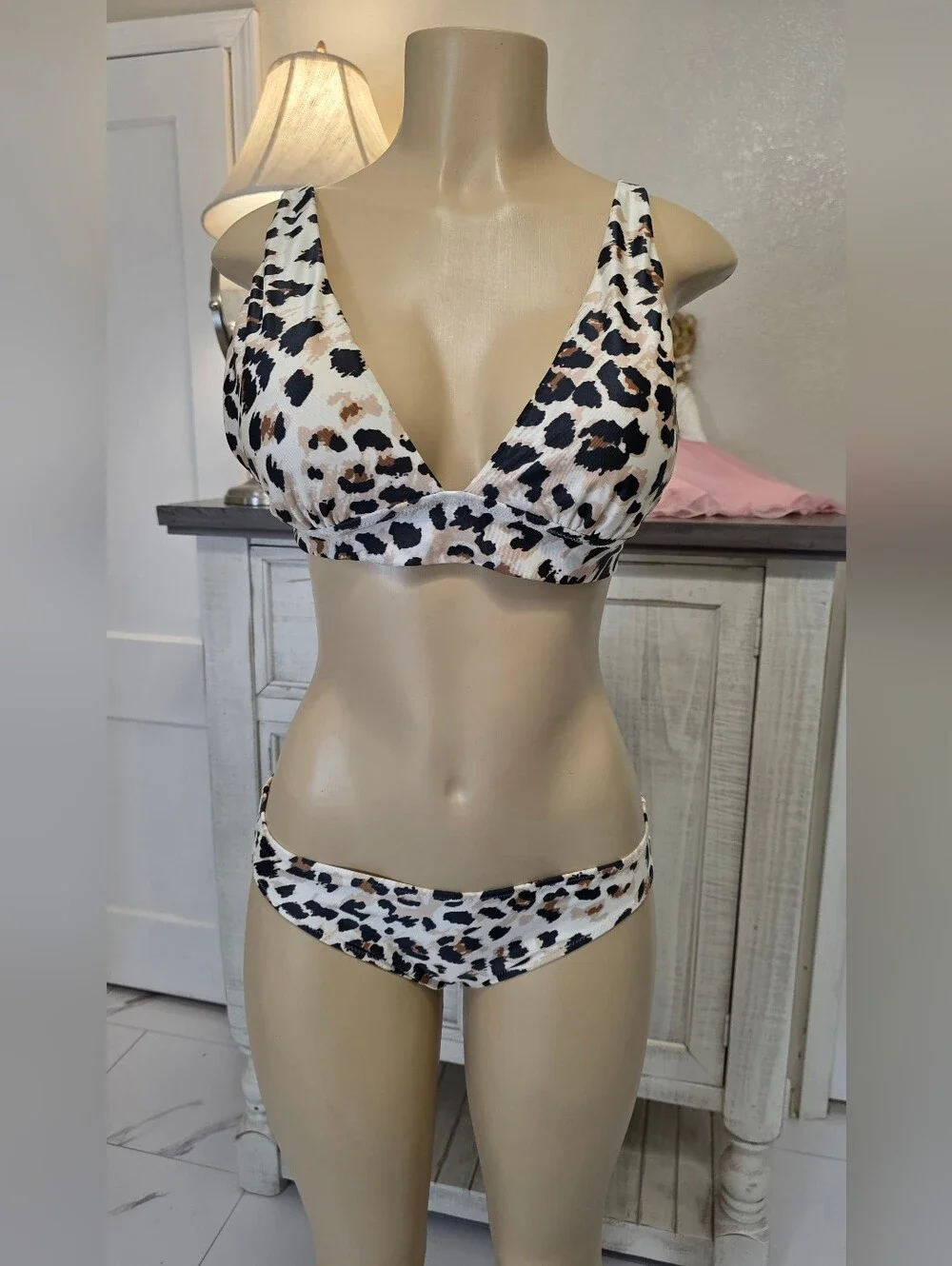 Aerie Leopard Print V-Neck Bikini Top and Bottom - Beige/Black - Picture 2 of 6